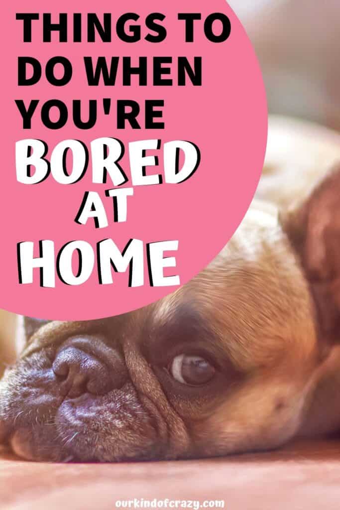 Dog laying head on ground text reads things to do when you're bored at home
