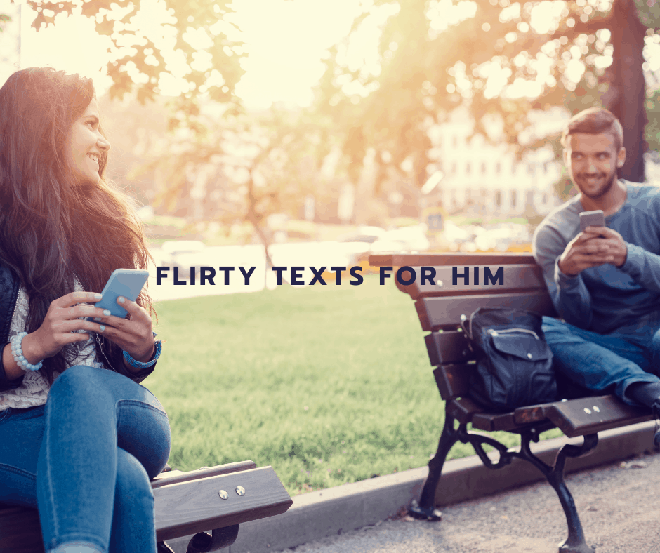 Man and Woman sitting on benches next to each other while holding phones and smiling at each other