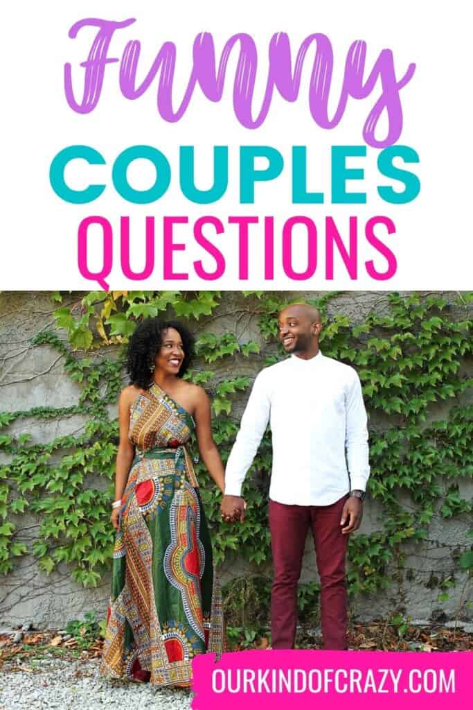 text reads "Funny couples questions" with couple holding hands looking at each other