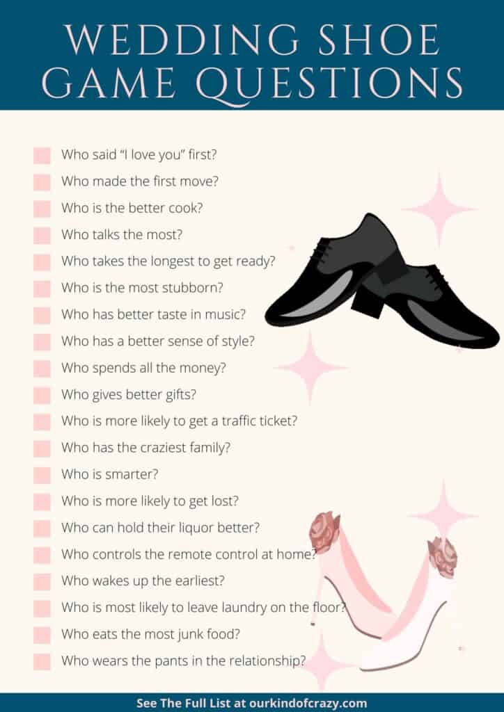 Infographic with list of "Wedding Shoe Game Questions".
