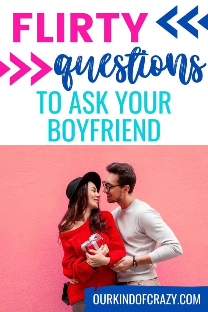 Text reads "flirty questions to ask your boyfriend" with couple looking at each other and laughing. 