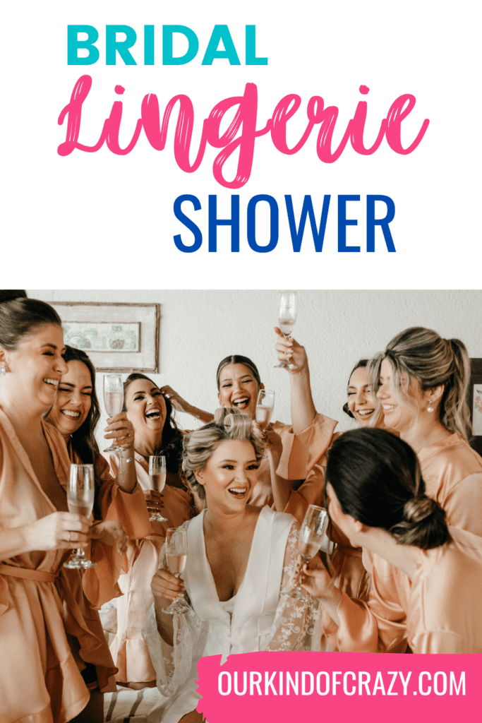 image reads "bridal lingerie shower" with bride and bridesmaids wearing robes with champagne glasses.