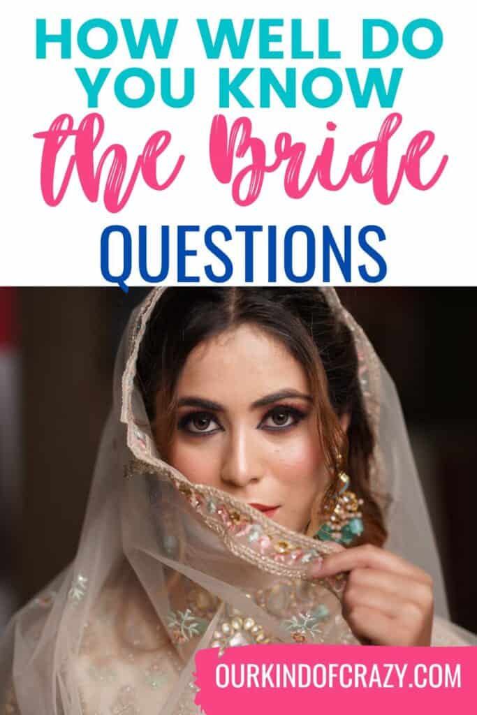 text reads "how well do you know the bride questions" with photo of bride in veil covering her face.