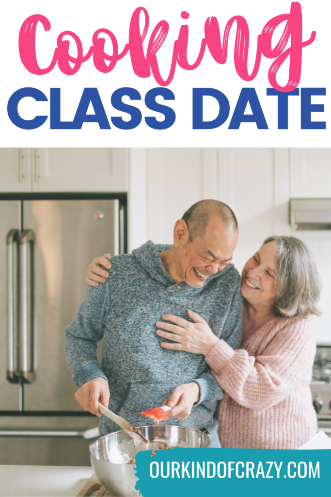 image reads "cooking class date" with couple hugging and laughing in kitchen.