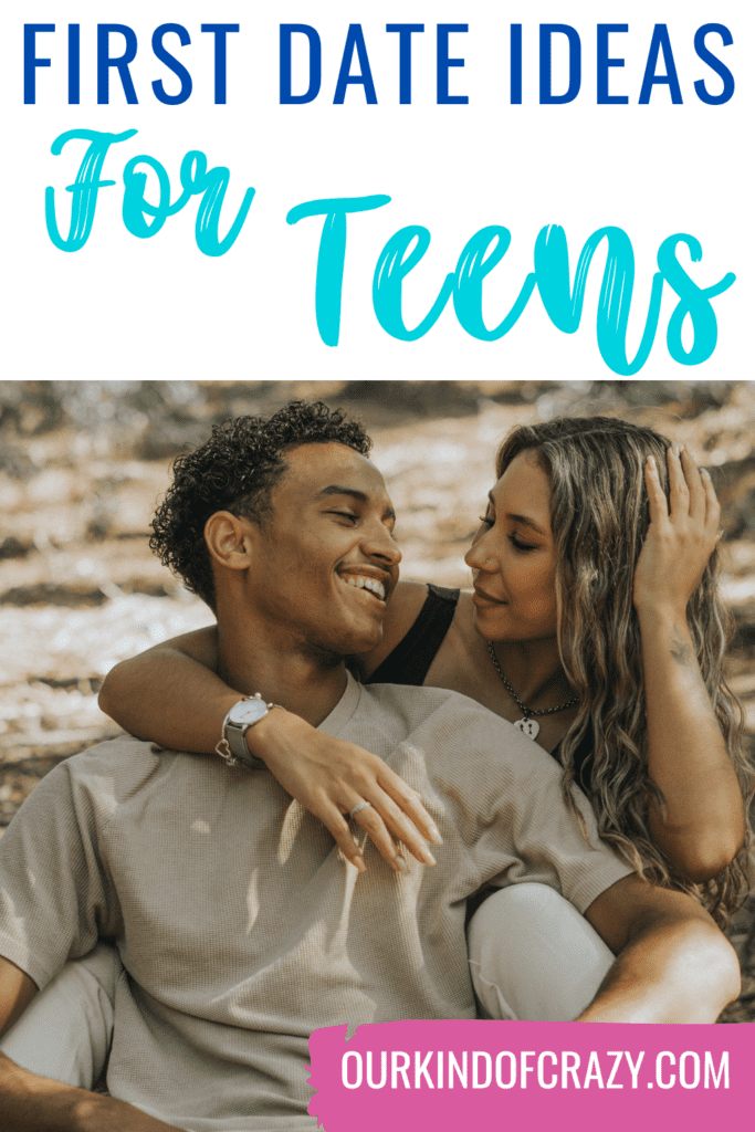 image reads "first date ideas for teens" with a couple sitting down looking at each other.