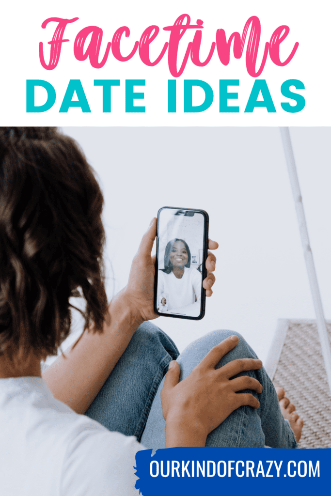 image reads "facetime date ideas" while couple video chats over a mobile phone.