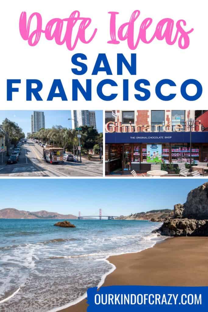 "date ideas san Francisco" with collage of ocean, cable car, and store.