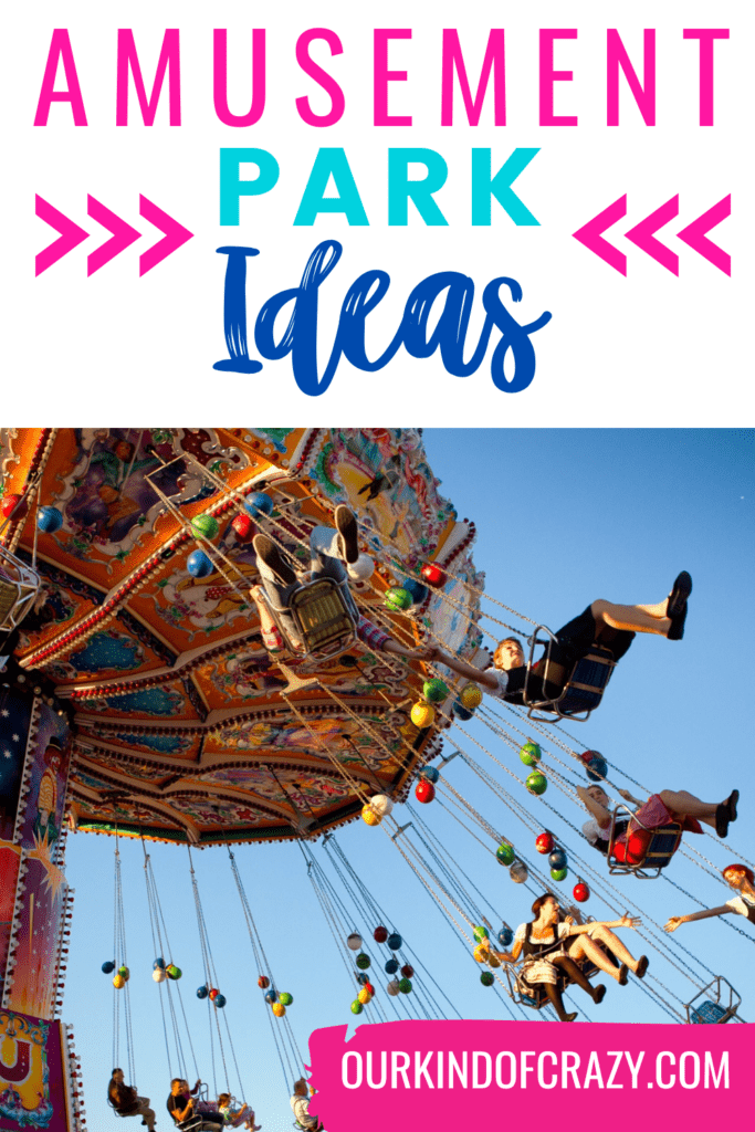 image reads "amusement park ideas" while amusement park goers are on a ride.