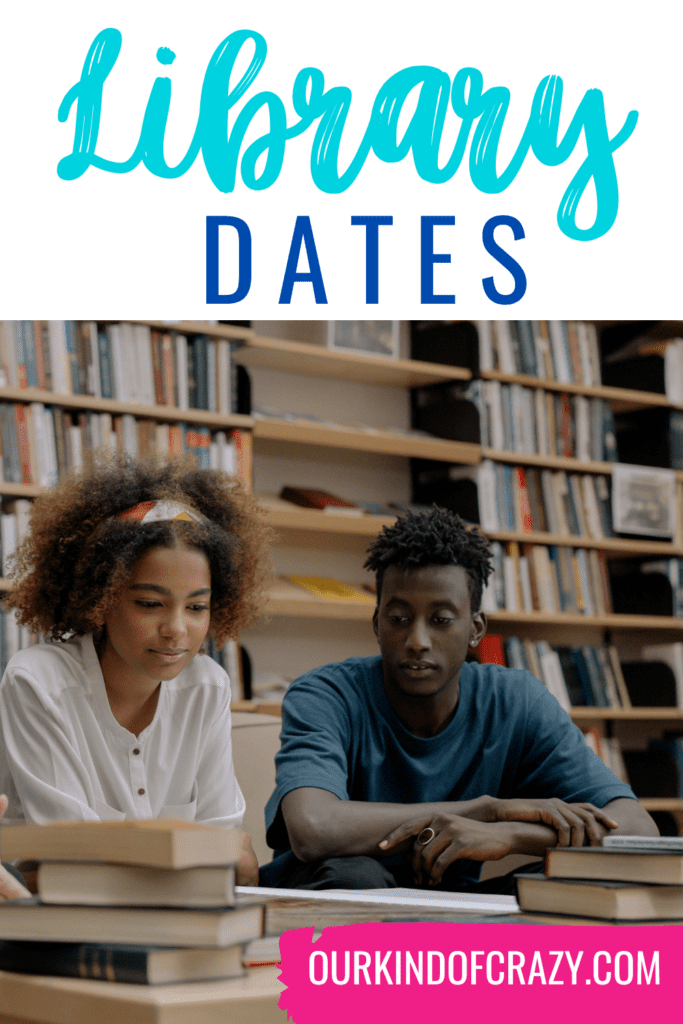image reads "library dates" and shows a couple sitting at a library table reading books. 