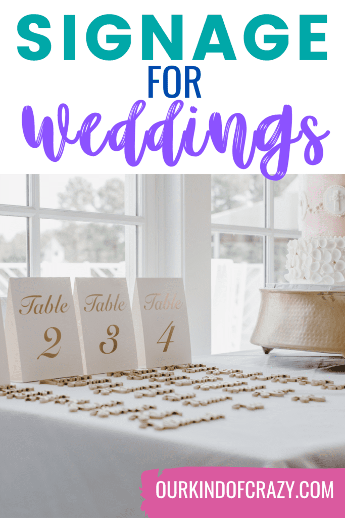 image reads "signage for weddings" and shows a wedding entrance table with a seating chart.