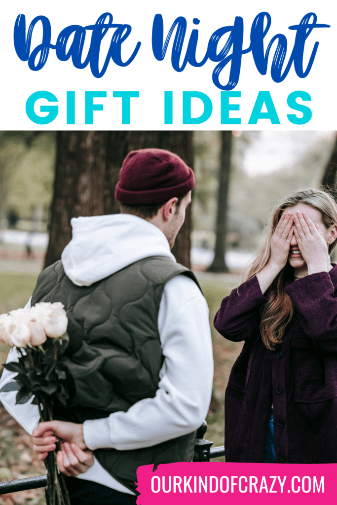 image reads "date night gift ideas" and shows a man surprising a woman with flowers as she has her eyes closed.