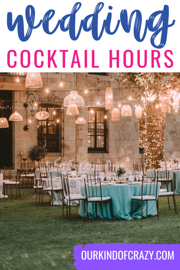 image reads "wedding cocktail hours" and shows a wedding reception venue set up.
