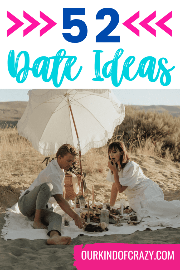 image reads "52 date ideas" and shows a couple having a picnic on the beach.