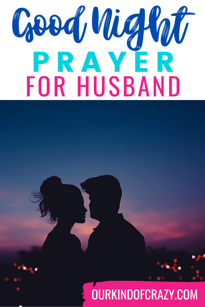 image reads "good night prayer for husband" and shows a couple looking at each other at sunset.