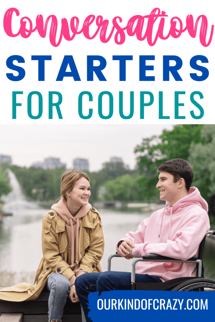 image reads "conversation starters for couples" while couple sits and talks on a park bench.