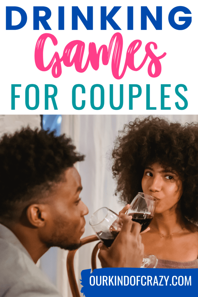 image reads "drinking games for couples" with a couple drinking together.