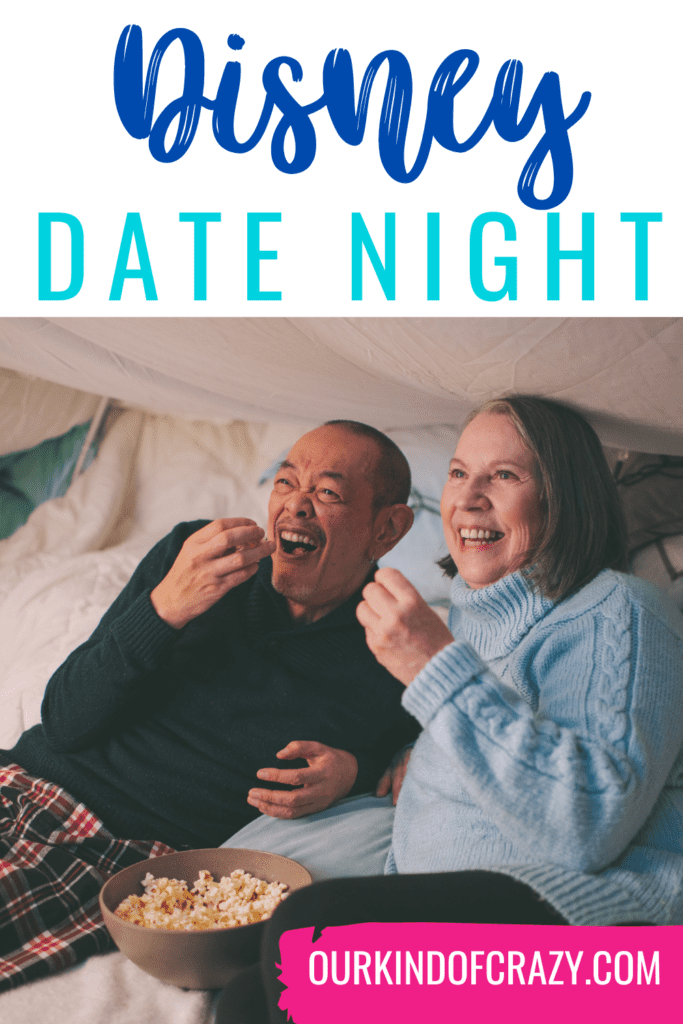 image reads "disney date night" and shows a couple eating popcorn while watching a movie.
