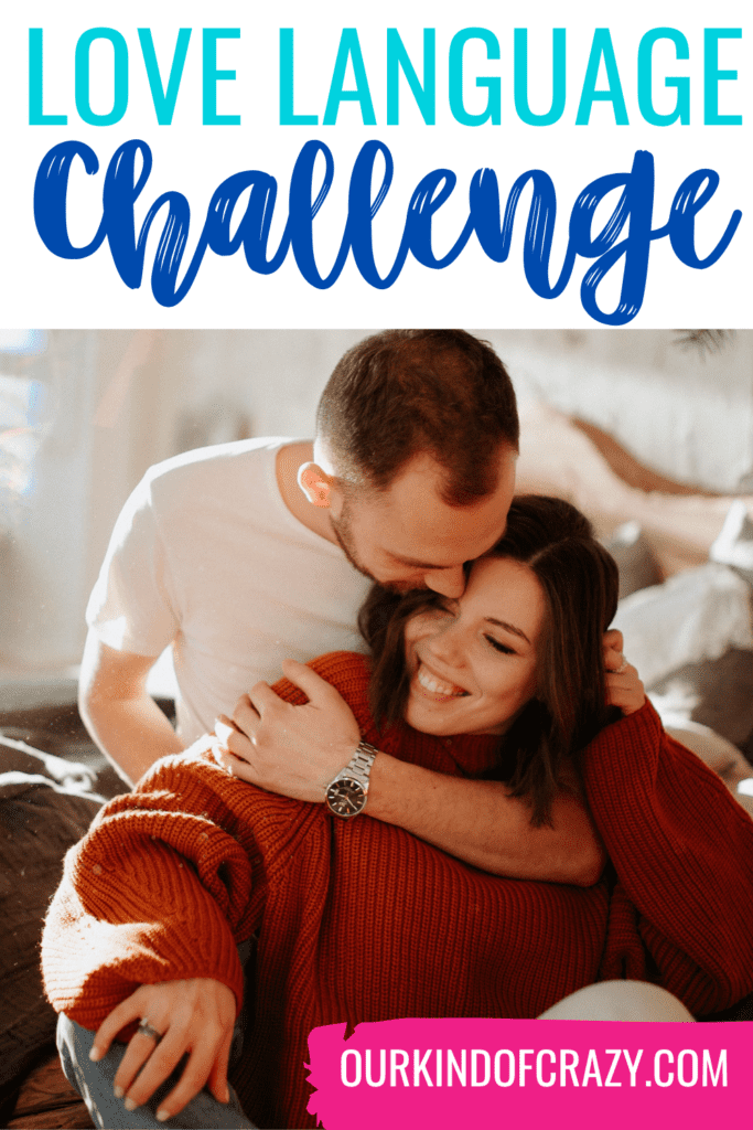 image reads "love language challenge" with a couple embracing in a living room.