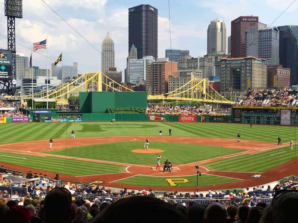 view of Pittsburgh Pirates baseball stadium from home plate seats. 