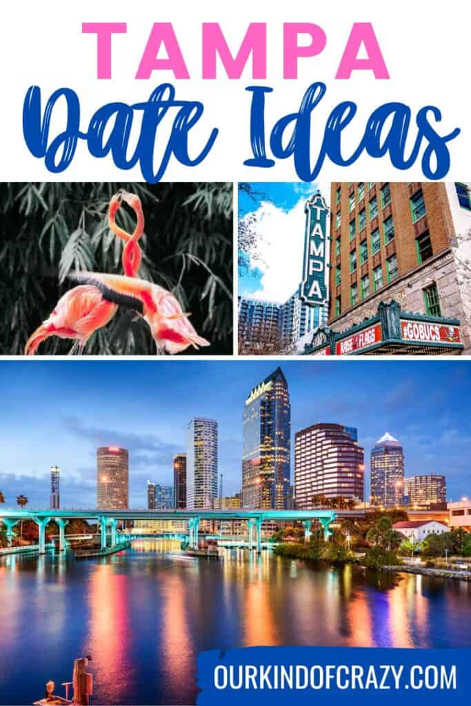 text reads "tampa date ideas" with collage of flamingos, tampa skyline, and building.