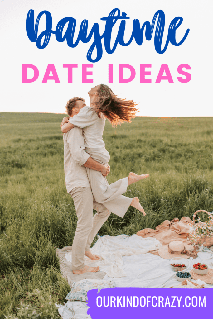 image reads "daytime date ideas" and shows a man twirling a woman in a meadow while having a picnic.
