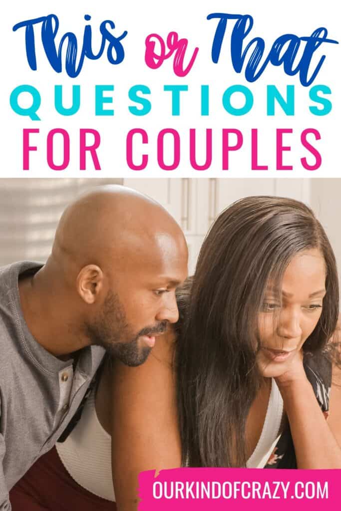 text reads "this or that questions for couples" with couple reading questions together.