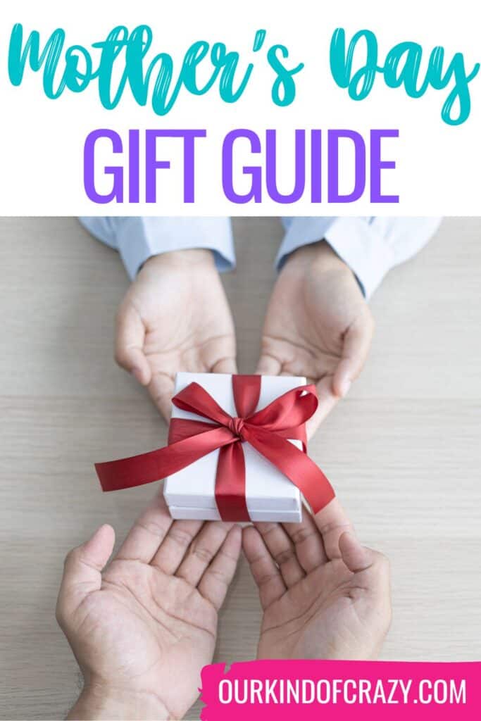 text reads "Mother's Day gift guide" with kid hands giving a gift to moms hands.