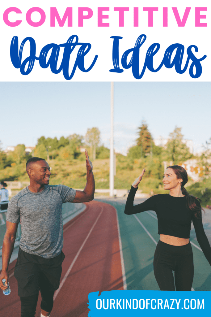 text reads "competitive date ideas" and shows a couple sharing a hi-five after just getting done running on a track.