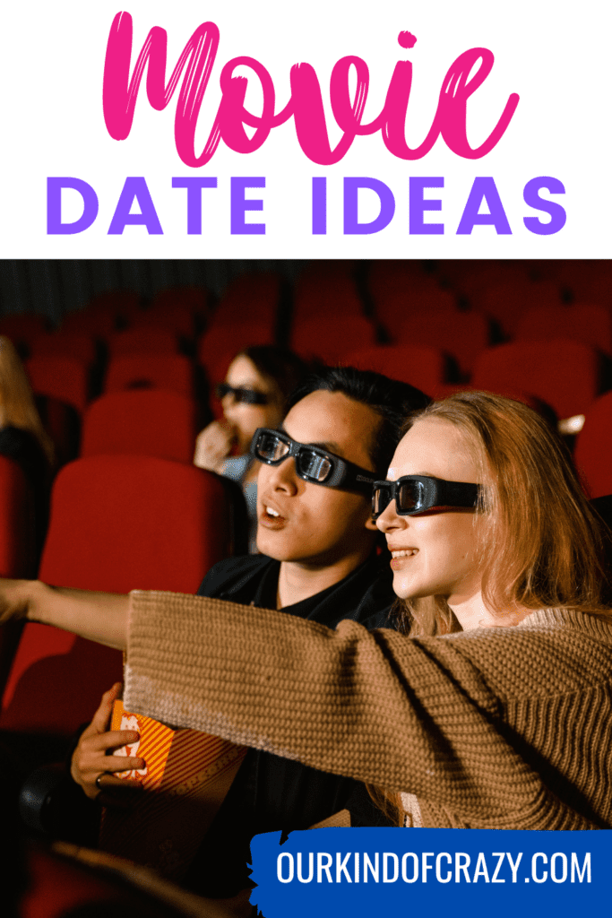 text reads "movie date ideas" with a couple wearing 3D classes and sitting at the movie theater.