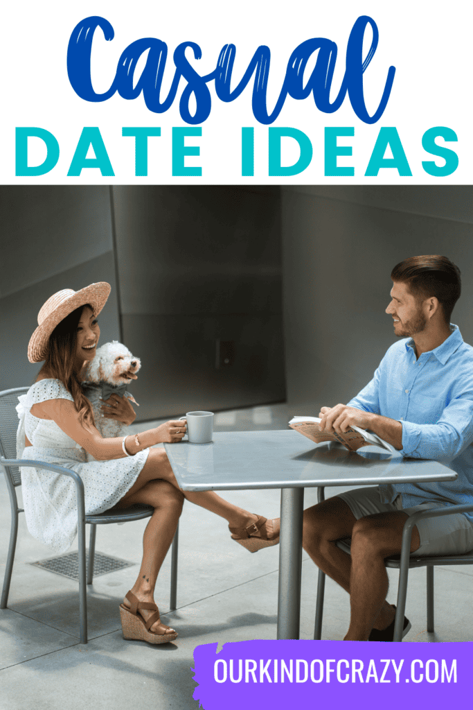 text reads "casual date ideas" and shows a couple outside on a coffee date.