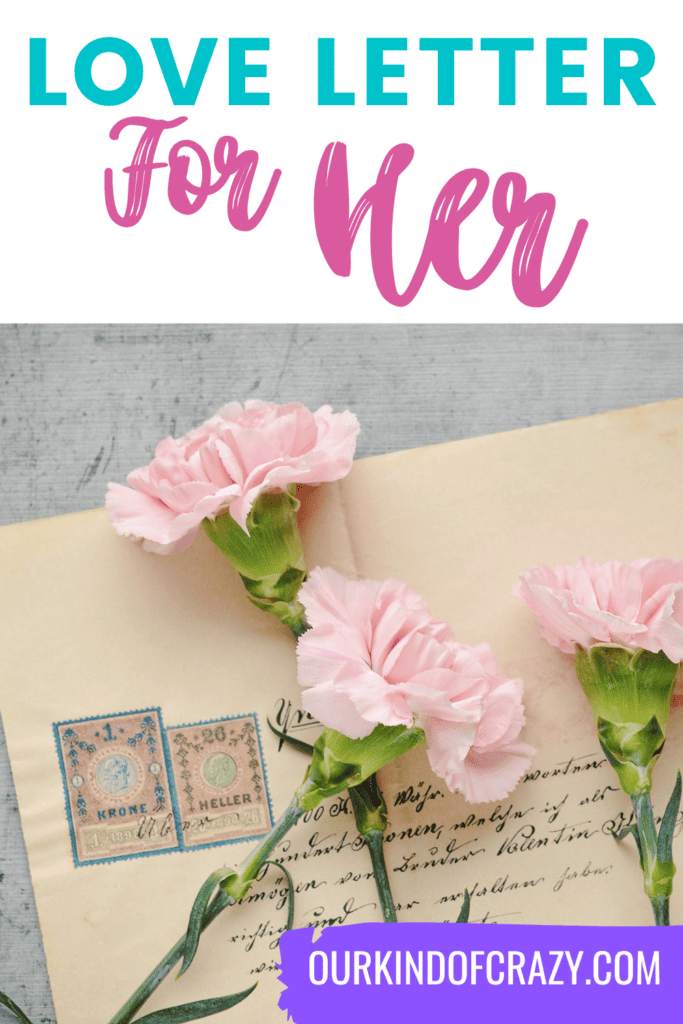 text reads "love letter for her" and shows a written letter with pink flowers on top of it.