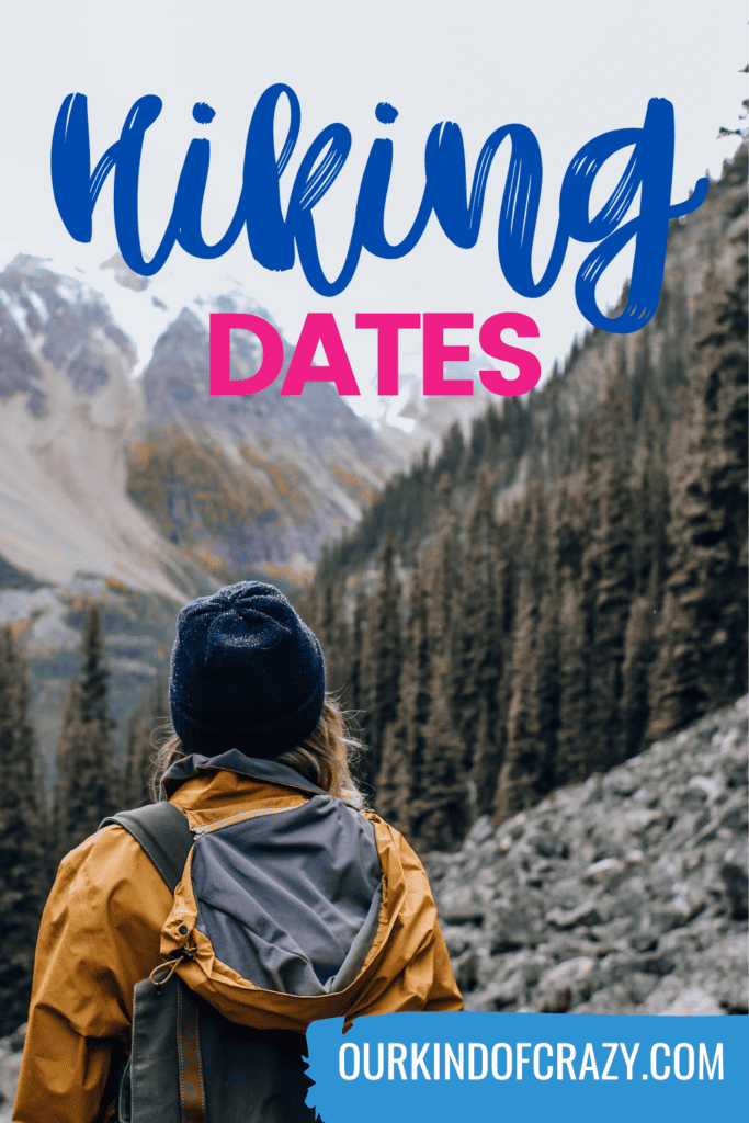 text reads "hiking dates" and shows a hiker overlooking a cliff.