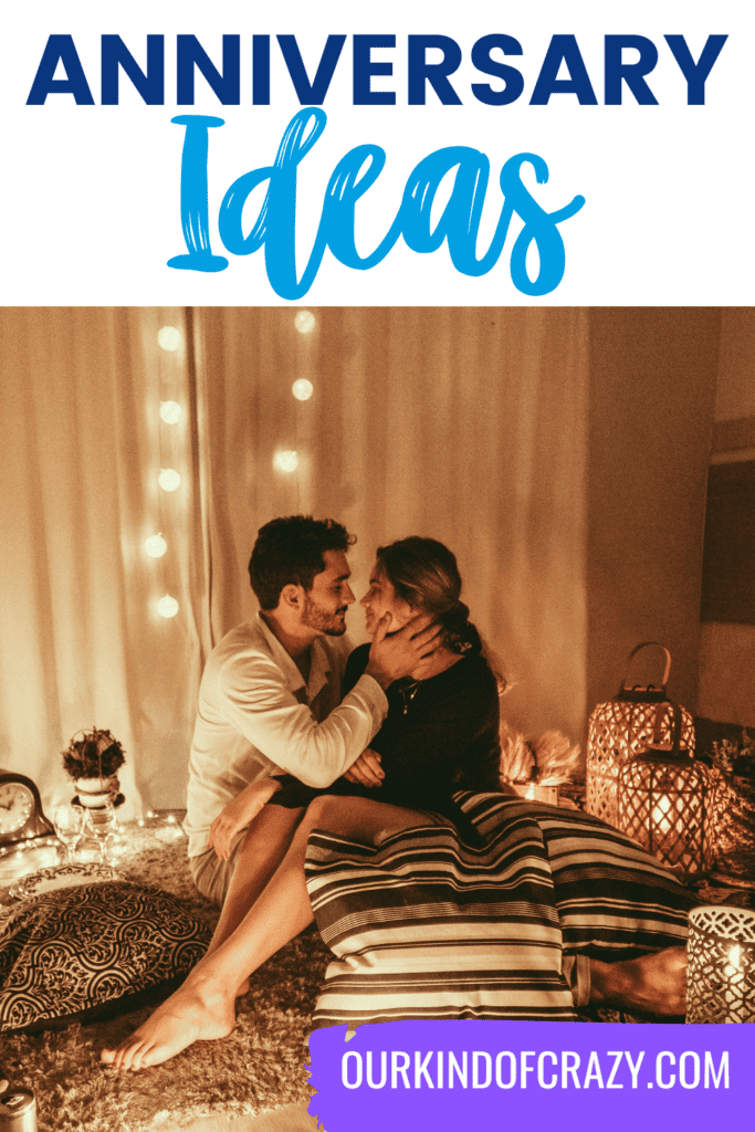 text reads "anniversary ideas" and shows a couple sitting on the bed surrounded by candles.